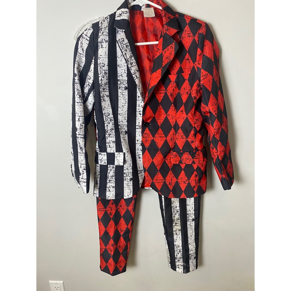 Spirit Halloween Kids Harlequin Striped Suit Set Red Black White Joker Large